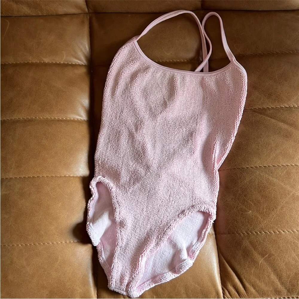 Hunza G Swim Crinkle Pamela light pink one piece with bow